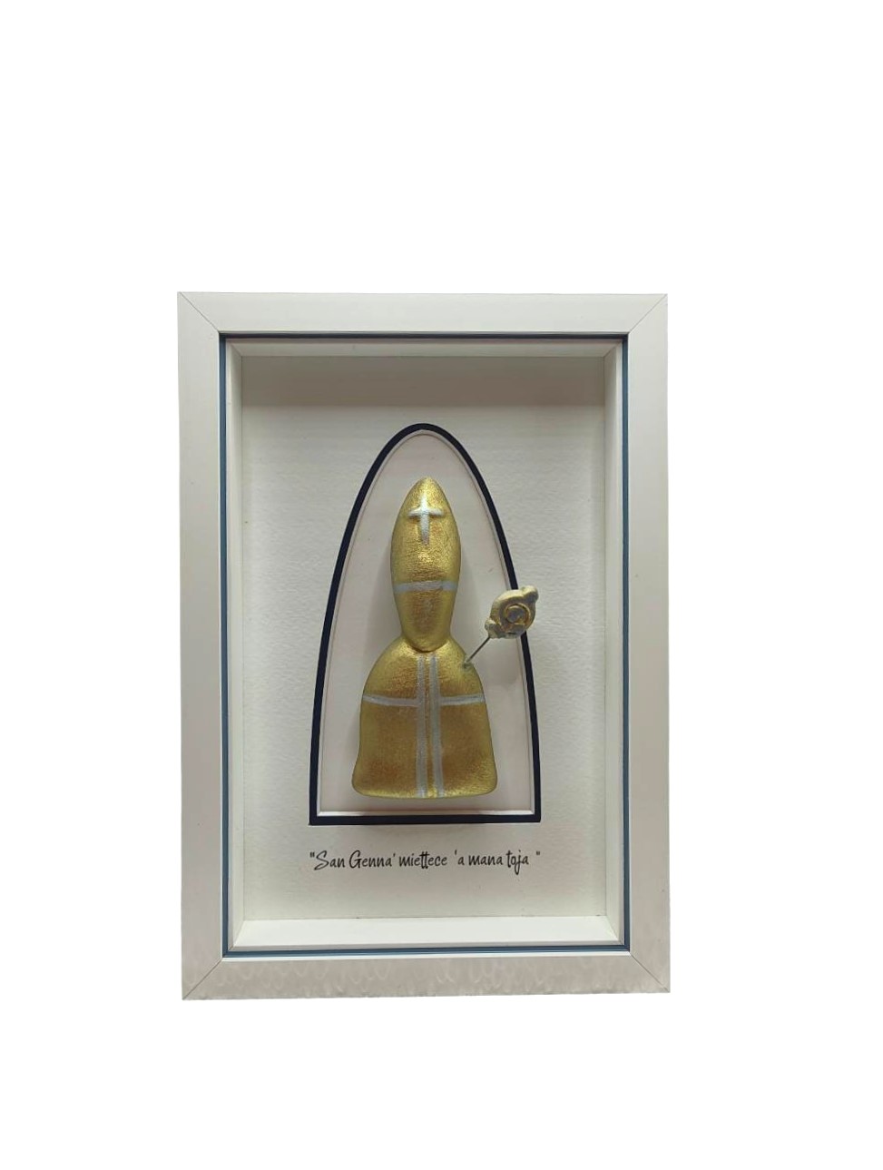 TChic Specialist Ischia openheart maschera OPENHEART: figura in ceramica incorniciata che racconta emozioni e storia. OPENHEART | San Gennaro oro con cornice 22x15cm | Ceramica